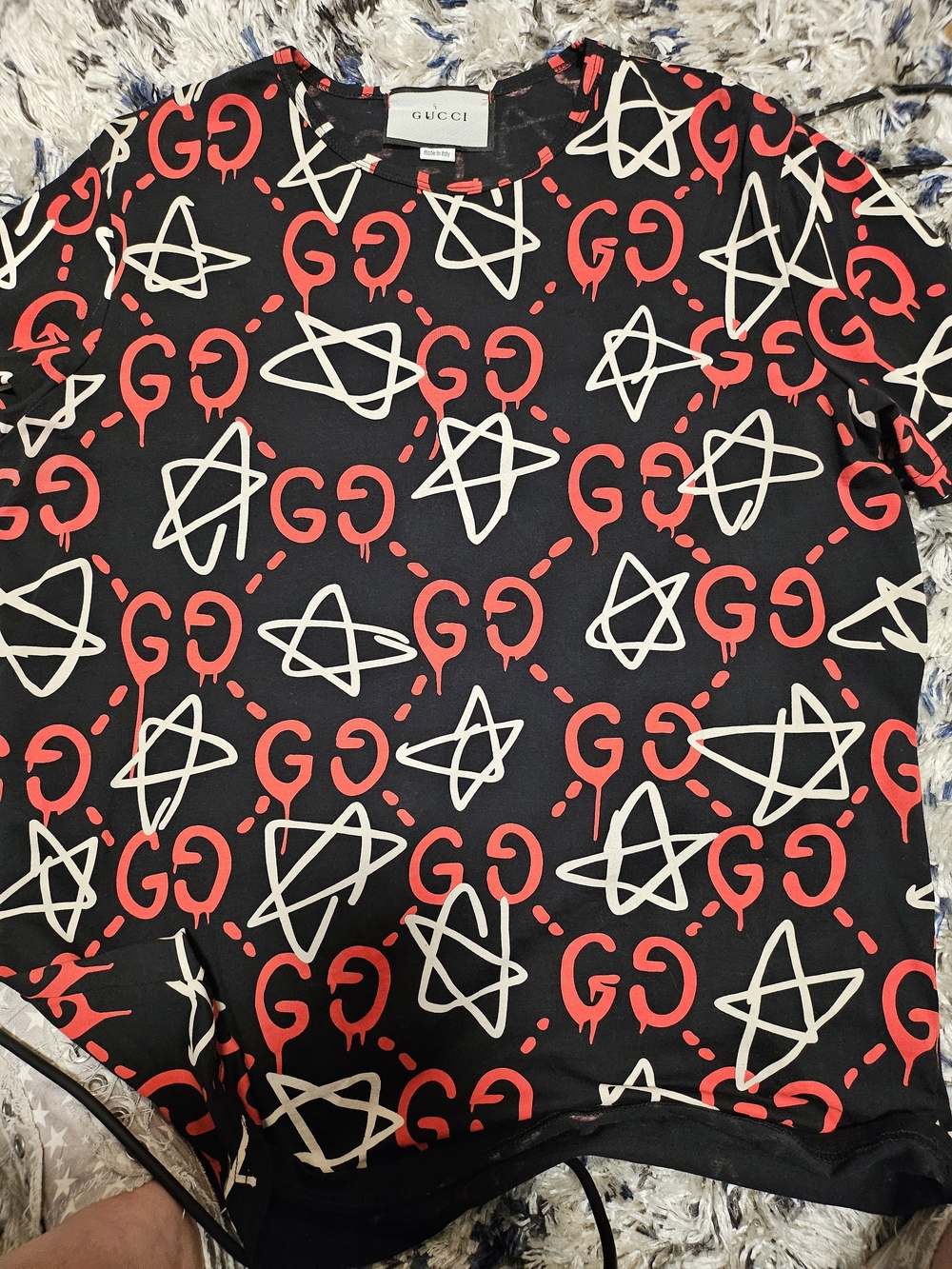 Gucci Black Tee with Ghost Stars Logo Print